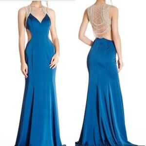 ASPEED SZ S teal silver backless hand beaded cutout mermaid maxi gown NWT B164